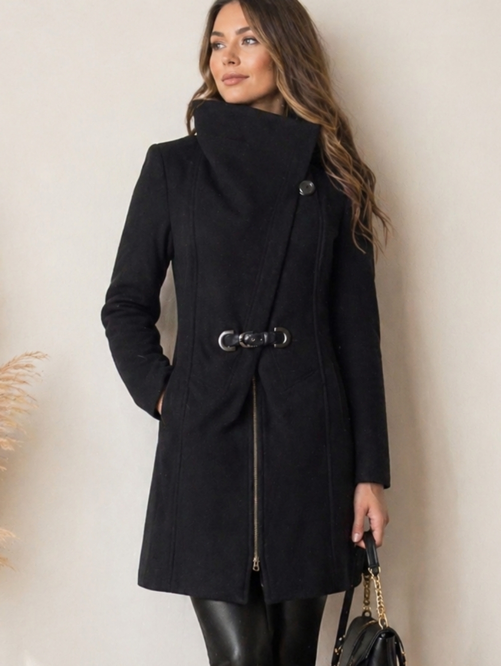 Soia & Kyo Wool Coat Black Asymmetrical Zip Oversized Collar Chic L Canada Made